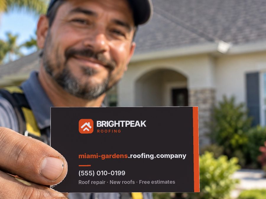 miami-gardens.roofing.company on a roofer's business card