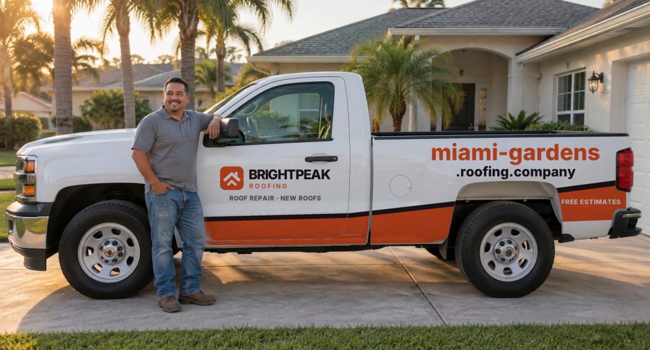 miami-gardens.roofing.company painted on the side of a white work truck