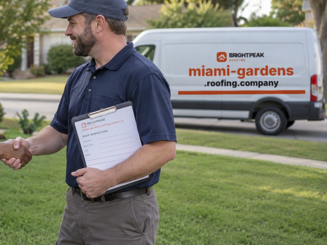 miami-gardens.roofing.company on a roofing van and an inspection form